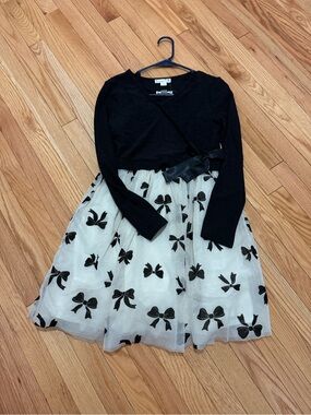 Girls Black & White Bow Print Party Dress